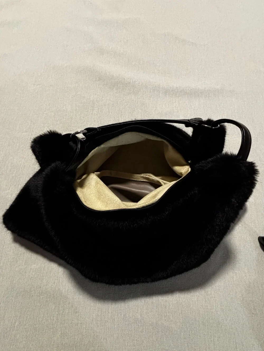 Unbranded. Black Faux Rabbit Convertible Shoulder Bag with Suede Lining